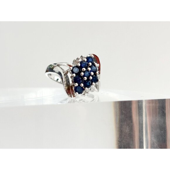 10k White Gold Blue Sapphire & White Diamond Vintage Gemstone Cocktail Ring sz 7 - Picture 6 of 10